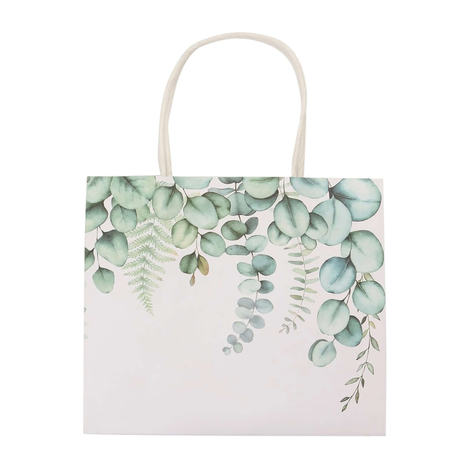 12 Pack White Green Eucalyptus Leaves Paper Party Favor Bags With Handles, Gift Goodie Bags - 6"x7"
