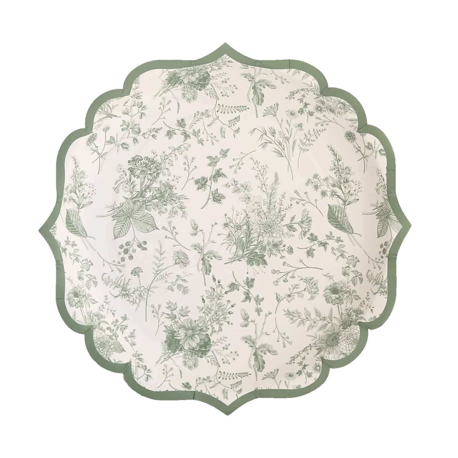 25-Pack Paper 8" Dessert Plates in White with Sage Green French Toile Design & Scalloped Rim - Disposable 300GSM Salad Appetizer Plates for Stylish Table Decor