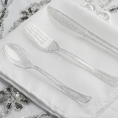 25-Pack Plastic Spoons Clear Silver Glitter Classic Heavy Duty - Decorative Disposable Tableware 7"