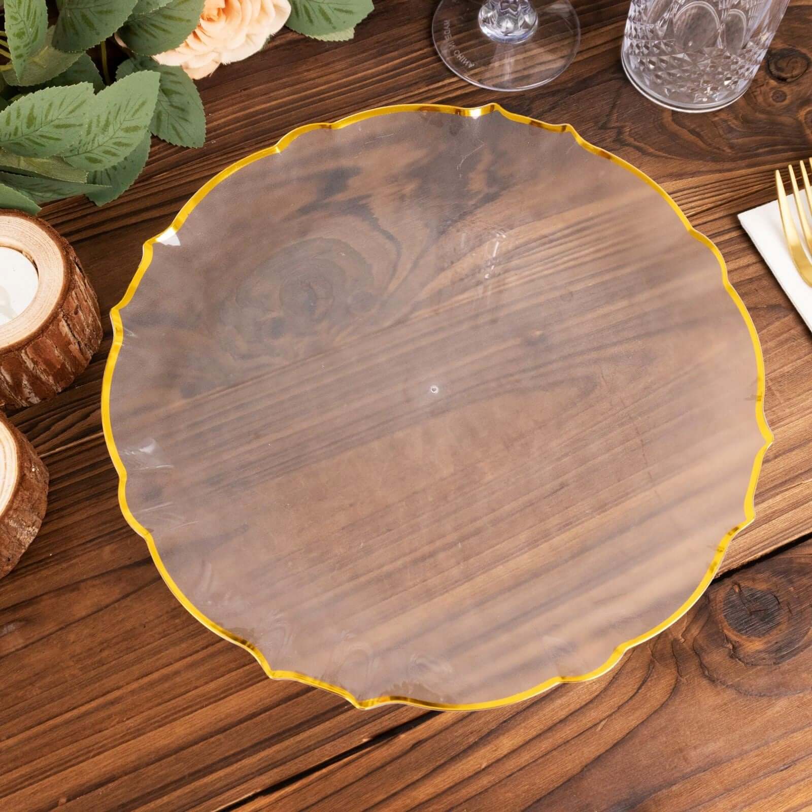 10-Pack Plastic 10" Round Dinner Plates in Clear Sunflower with Gold Scalloped Rim - Disposable Party Plates for Classy Events & Banquets