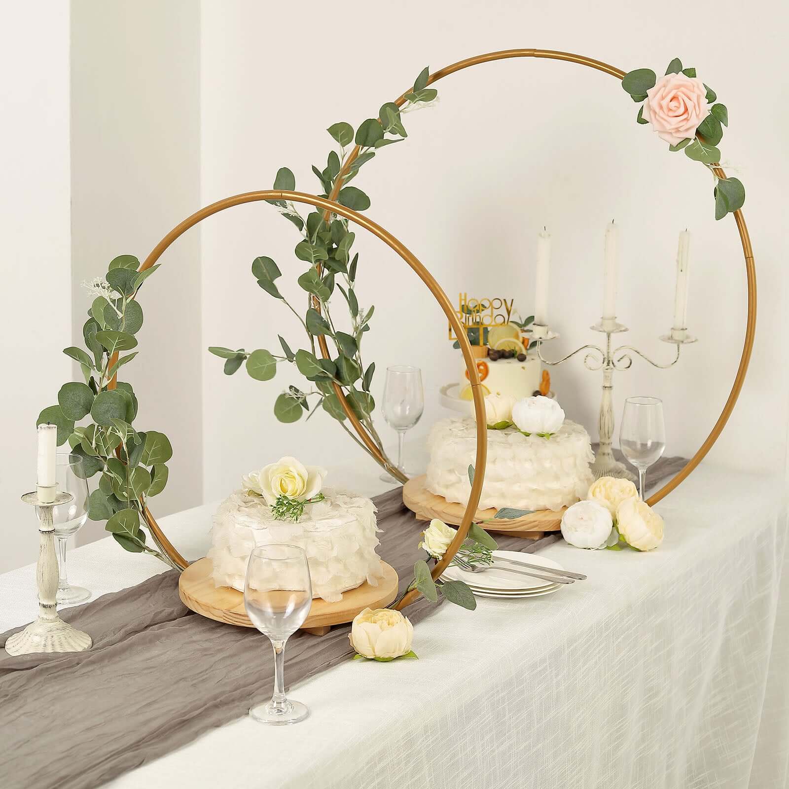 Metal Round Floral Hoop Cake Stand Gold - Chic Geometric Dessert Display DIY Centerpiece Table Decoration With Wooden Base 33"