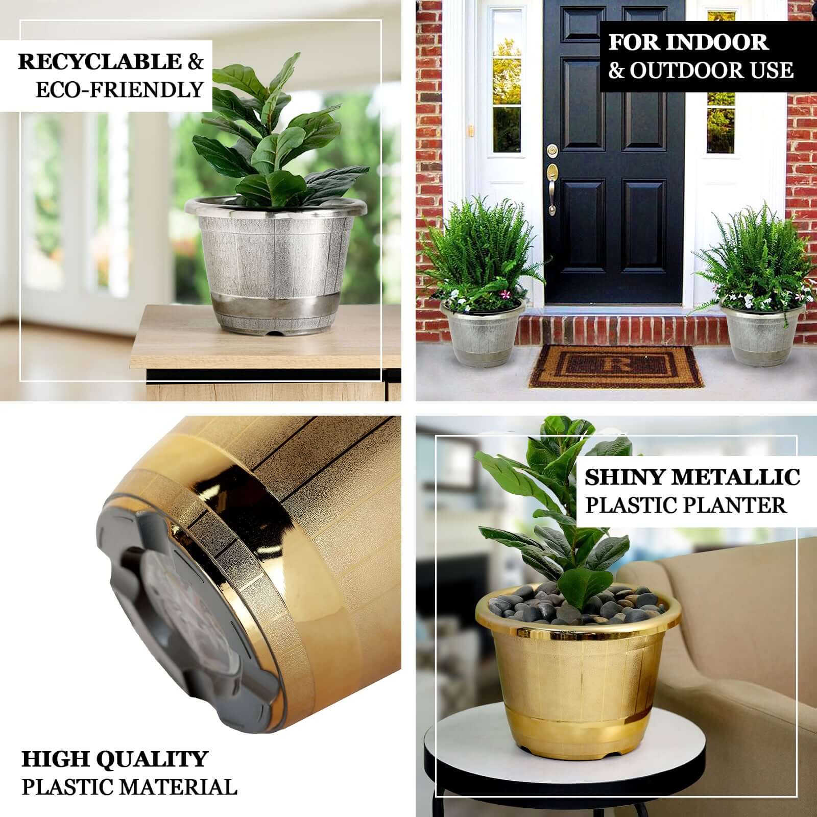 14" Gold Shiny Finished Rim Large Barrel Planter Pot, Indoor Outdoor Decorative Flower Pot