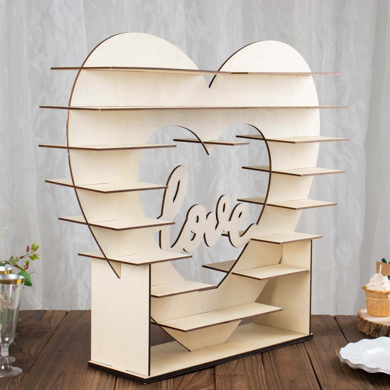8-Layer Wooden Dessert Display Stand Heart Shaped Double Sided Design Natural - "Love" Cupcake Shelf Table Rack 26"