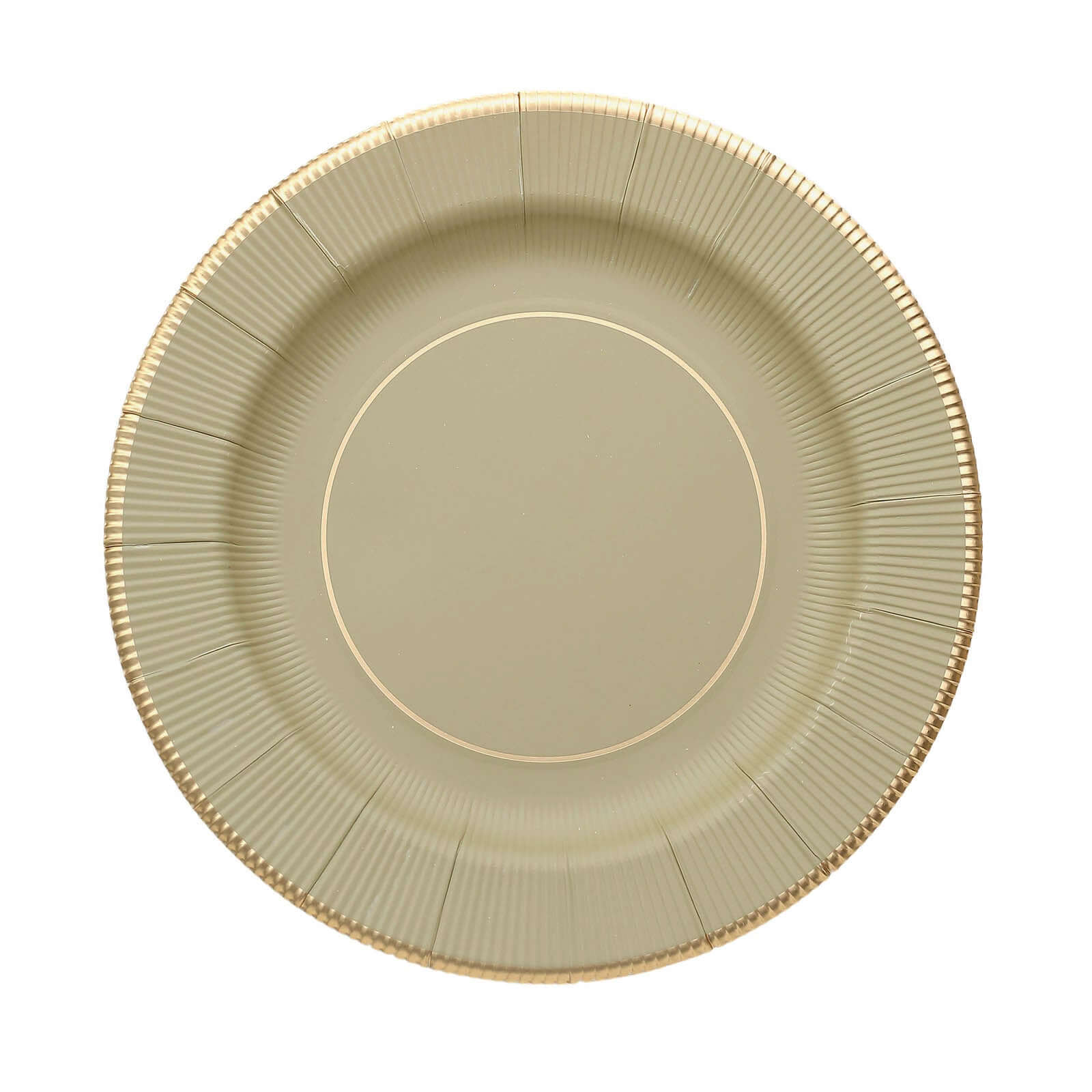 25-Pack Paper 8" Round Dessert Plates in Khaki Sunray Design with Gold Rim - Disposable Heavy Duty 350GSM Appetizer Salad Plates