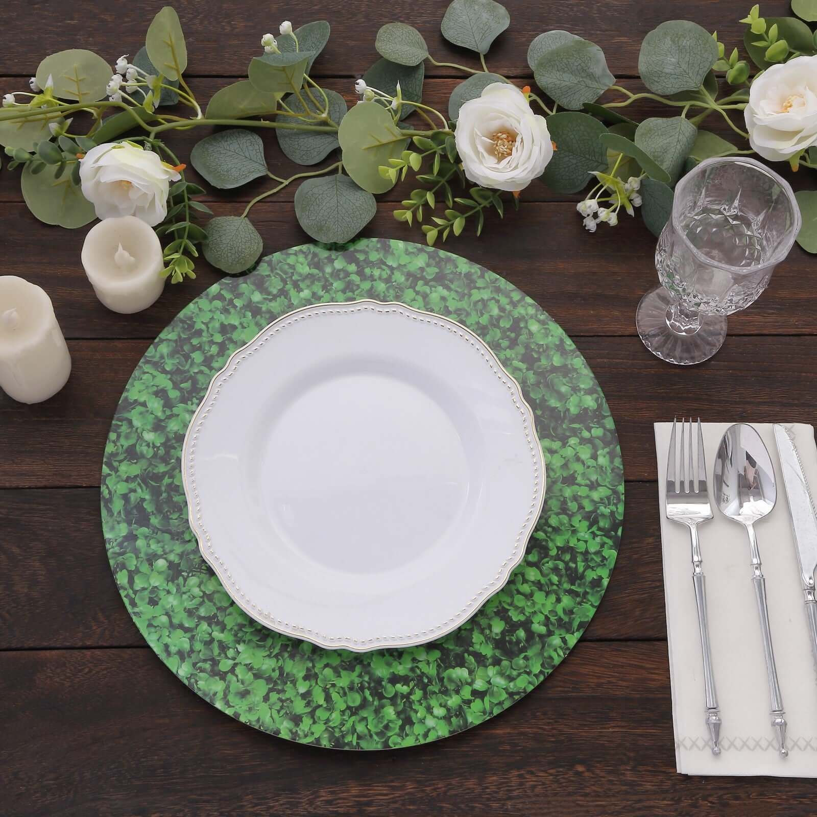 6-Pack Disposable Table Placemats in Green Boxwood Leaf Print - 700GSM Cardboard Placemats for Forest & Garden Theme Party Decor 13"