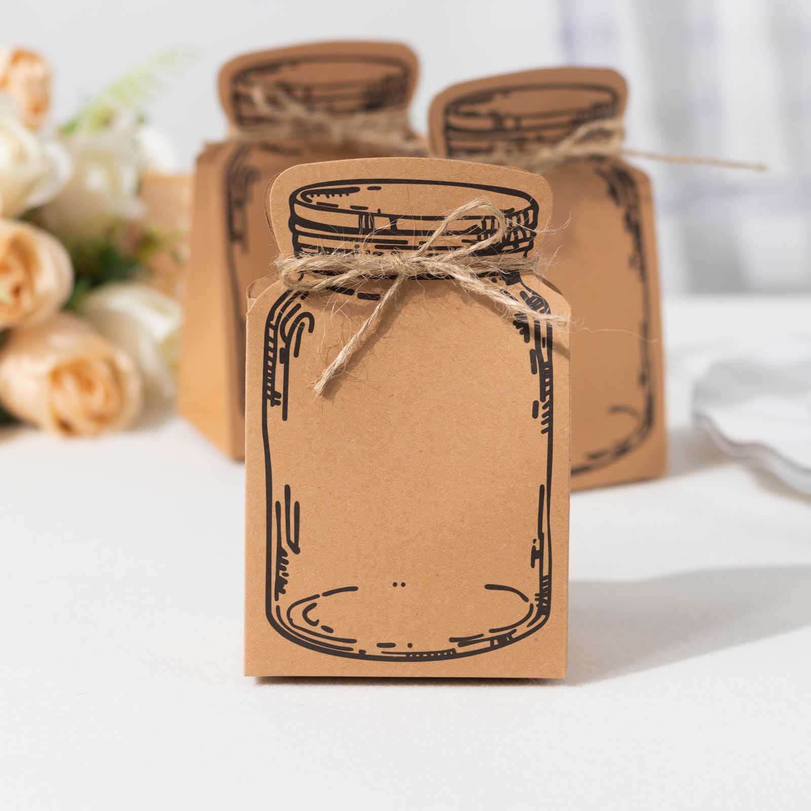 25 Pack Natural Mini Mason Jar Shaped Paper Party Favor Boxes With Jute Rope Ties, Candy Gift Boxes - 5"x3"