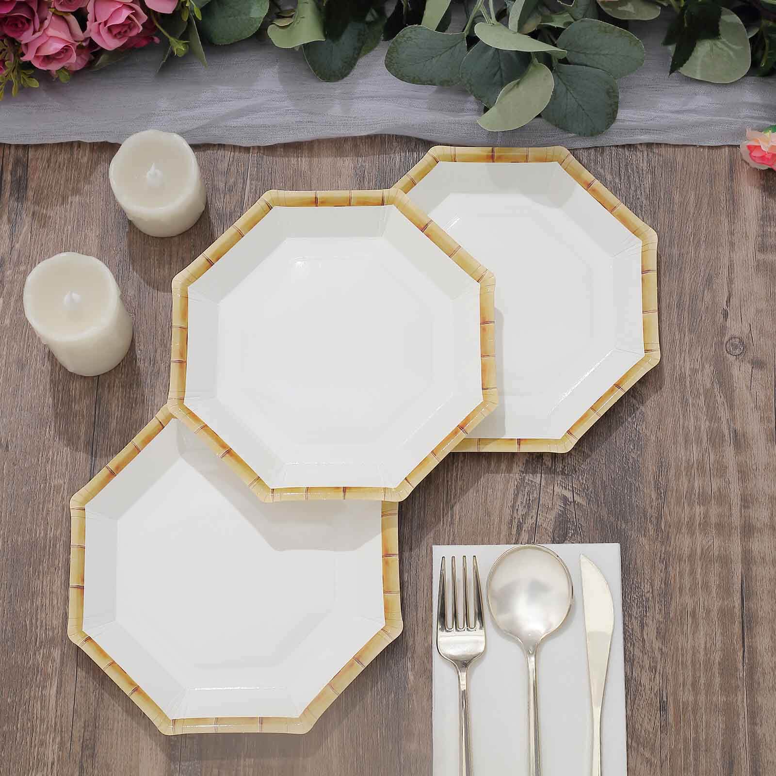 25-Pack Paper Octagonal Dessert Plates 7" White with Bamboo Print Rim - Disposable Geometric Appetizer Salad Plates for Garden Parties & Tropical Themed Events