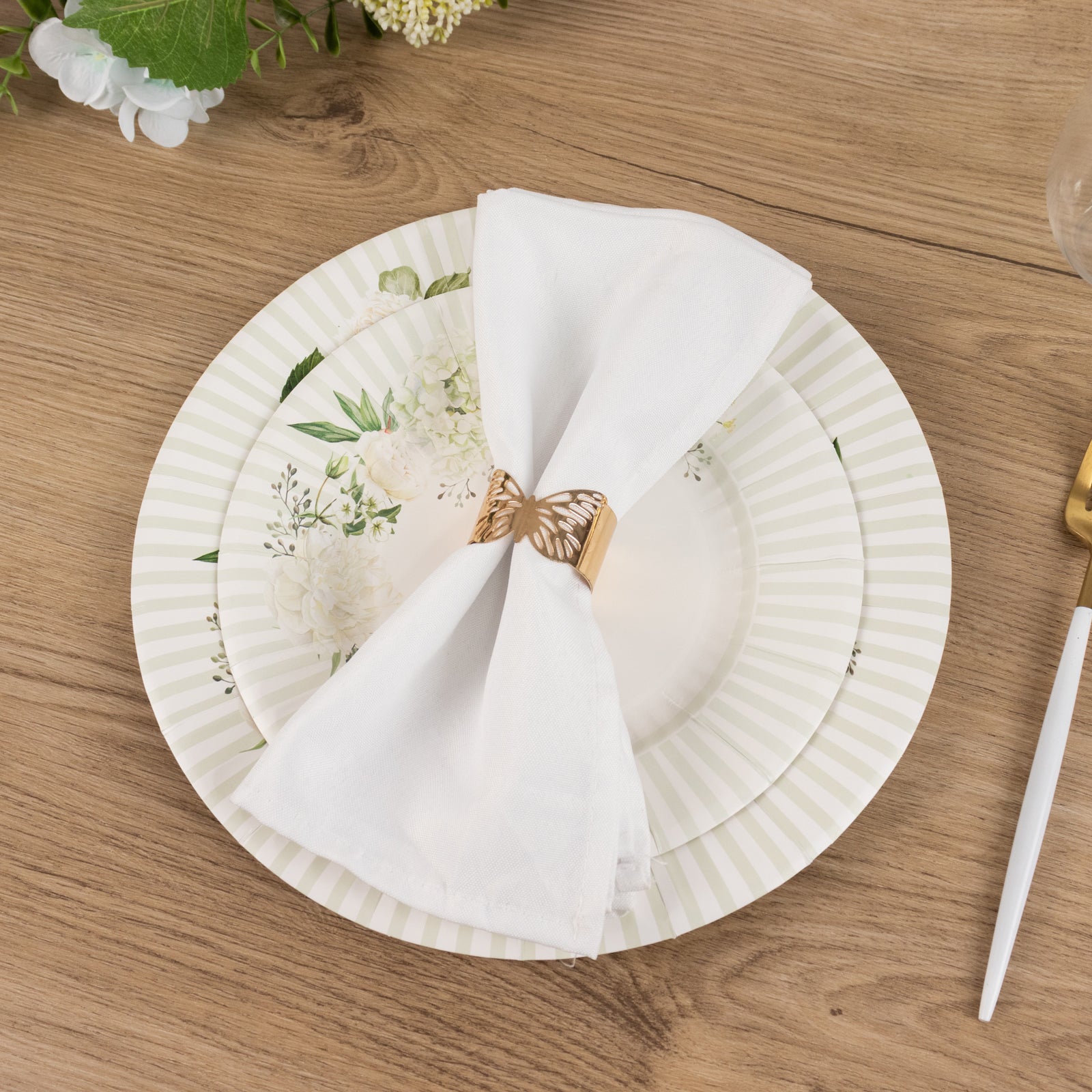 25-Pack Paper 8" Round Dessert Plates in White with Sage Green Floral Print & Lined Rim
