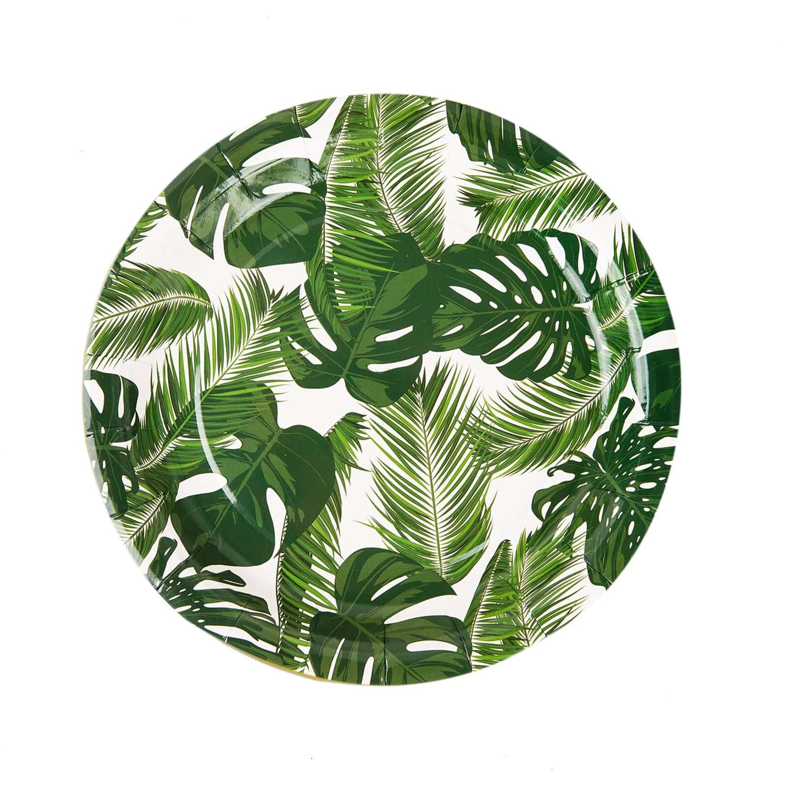 25-Pack Paper 7" Round Dessert Plates in White with Tropical Palm Leaf Design - Disposable 300GSM Appetizer Salad Plates for Boho Chic & Jungle Themed Events