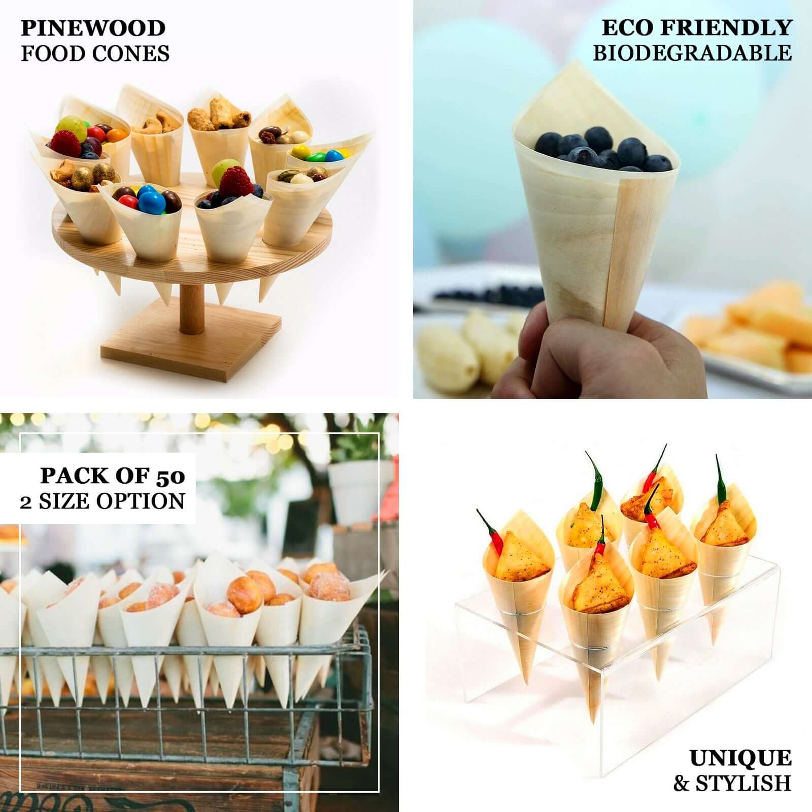 50-Pack Pine Wood Food Cones Eco Friendly Natural Disposable Design - 100% Biodegradable Tasting Serving Cones 6"