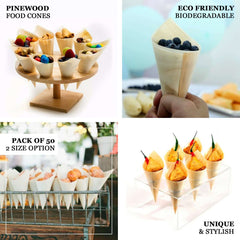 50-Pack Pine Wood Food Cones Eco Friendly Natural Disposable Design - 100% Biodegradable Tasting Serving Cones 6"