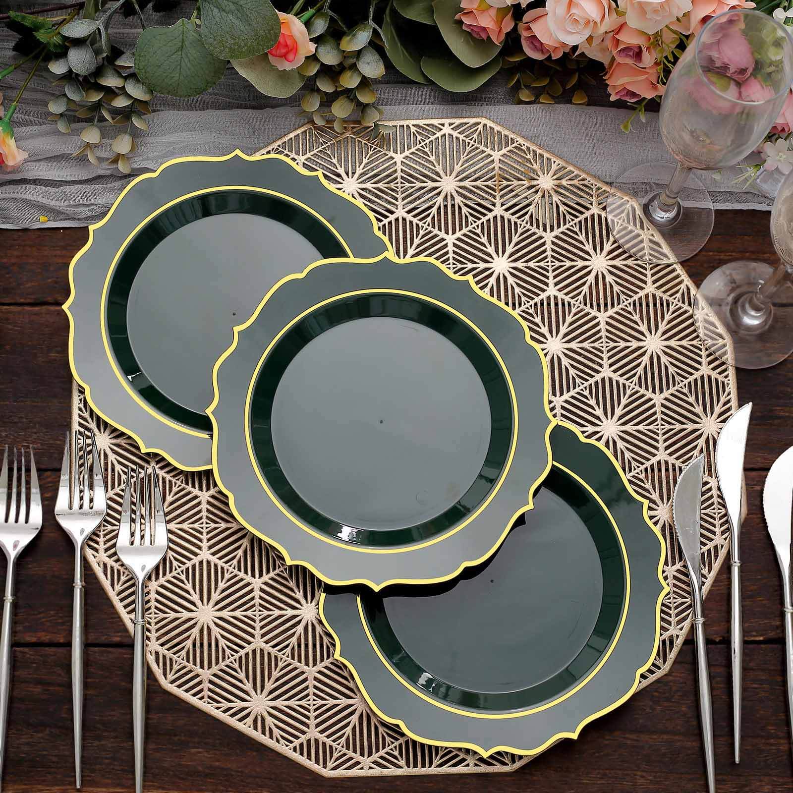 10-Pack Plastic 8" Round Dessert Plates in Hunter Emerald Green with Gold Scalloped Rim - Disposable Appetizer/Salad Plates