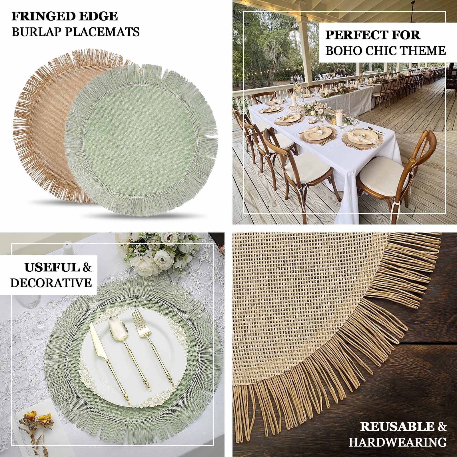 4-Pack Placemats Fringe Edge Design Sage Green Jute Round - Rustic Boho Chic Burlap Table Decor 16"