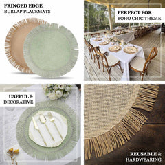4-Pack Placemats Fringe Edge Design Sage Green Jute Round - Rustic Boho Chic Burlap Table Decor 16"