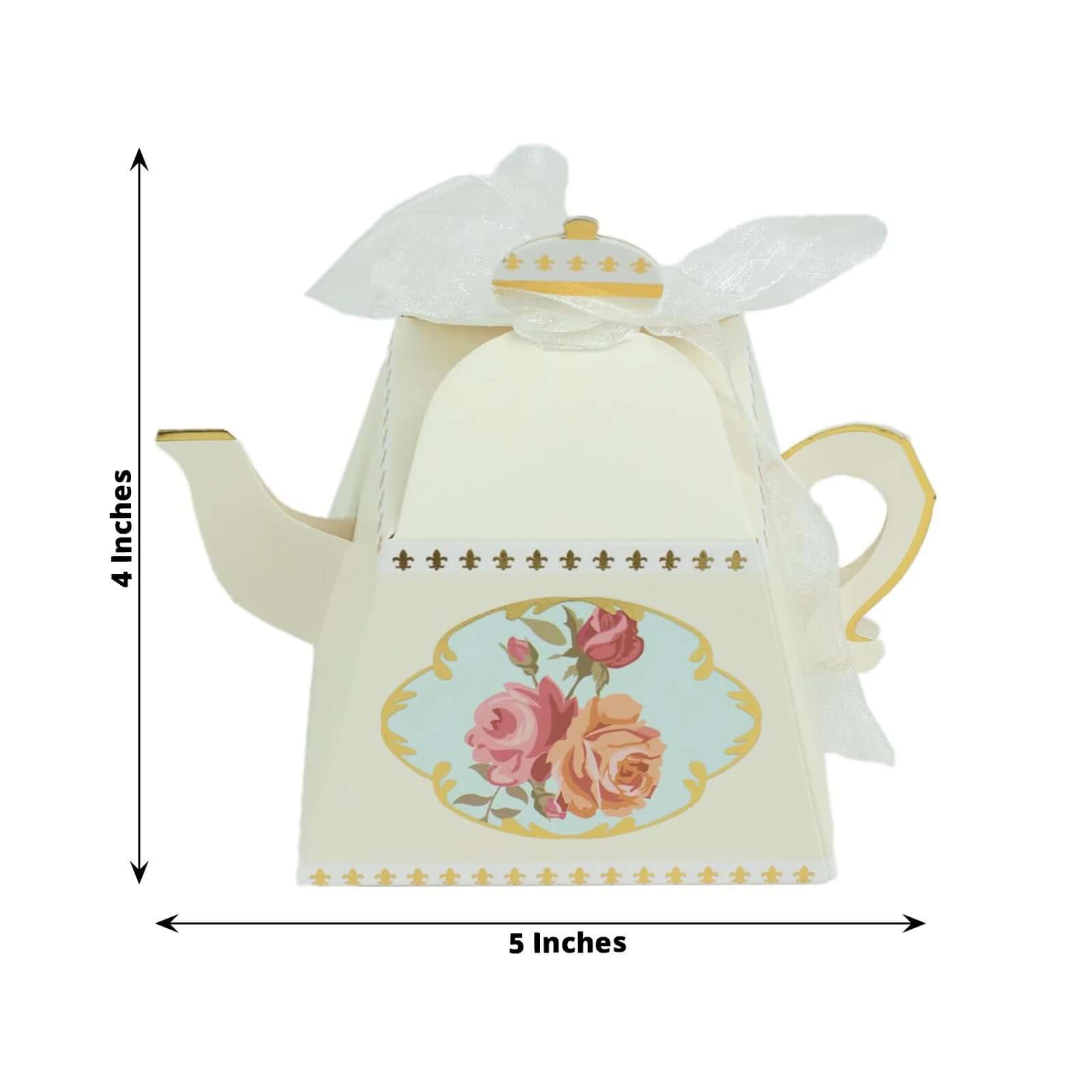 25 Pack 4" Ivory Mini Teapot Favor Boxes, Vintage Rose Gift Boxes with Ribbons