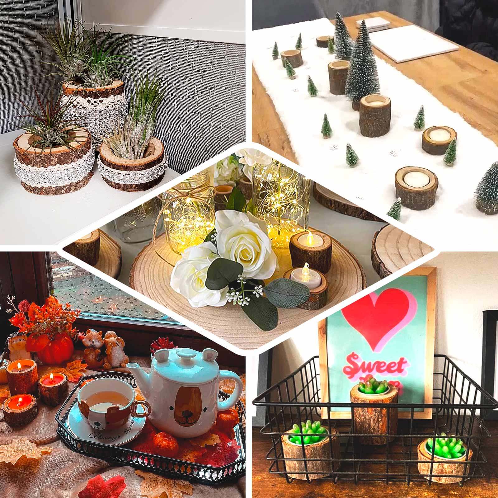 Set of 3 Rustic Wood Slice Votive Candle Holders - Tree Branch Wedding Table Décor 2.75", 1.5", 1.25"