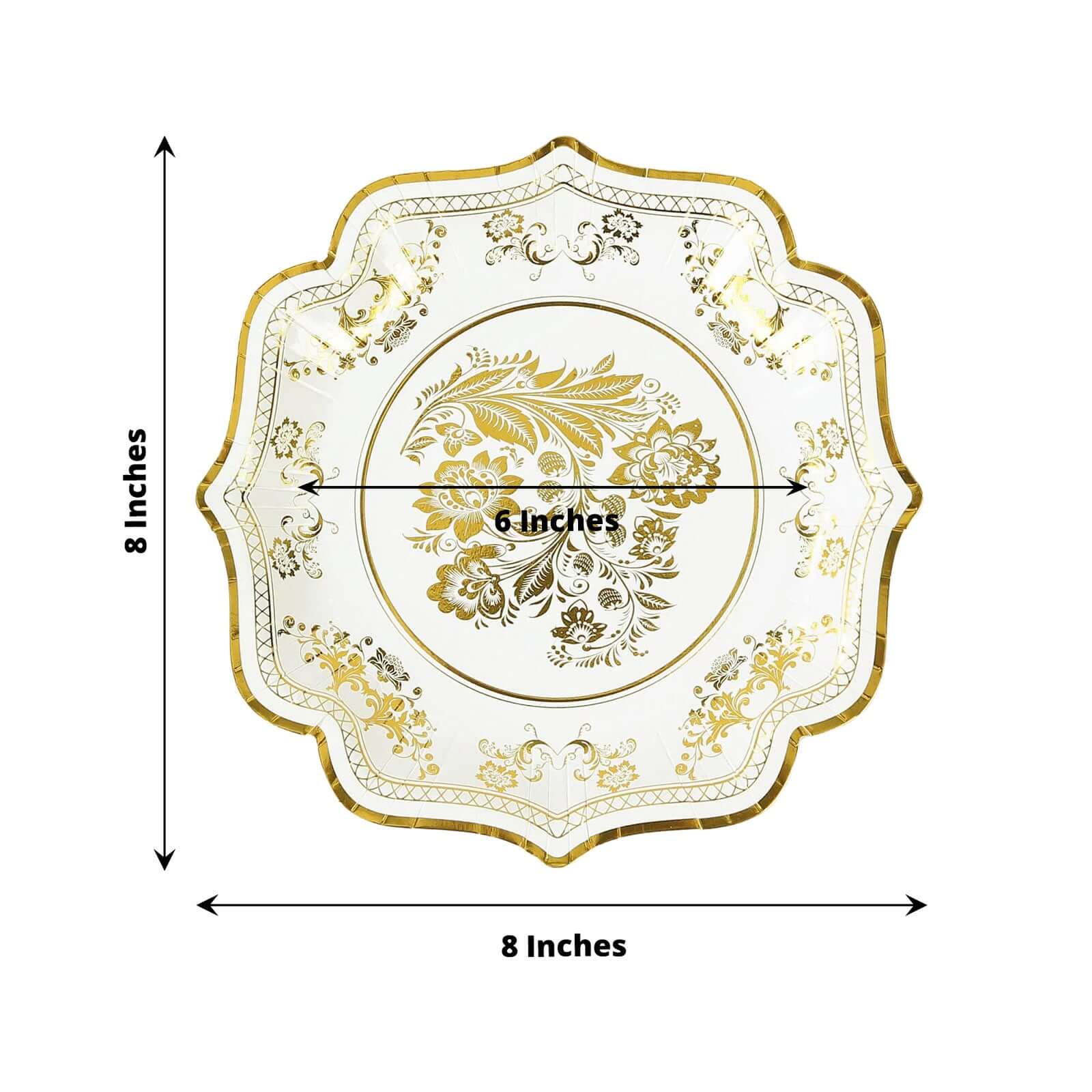 25-Pack Paper Dessert Plates in White with Gold Damask Floral Print & Scallop Rim - Stylish Disposable 300GSM Floral Salad Appetizer Plates for Weddings & Events 8"