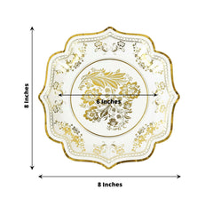 25-Pack Paper Dessert Plates in White with Gold Damask Floral Print & Scallop Rim - Stylish Disposable 300GSM Floral Salad Appetizer Plates for Weddings & Events 8"