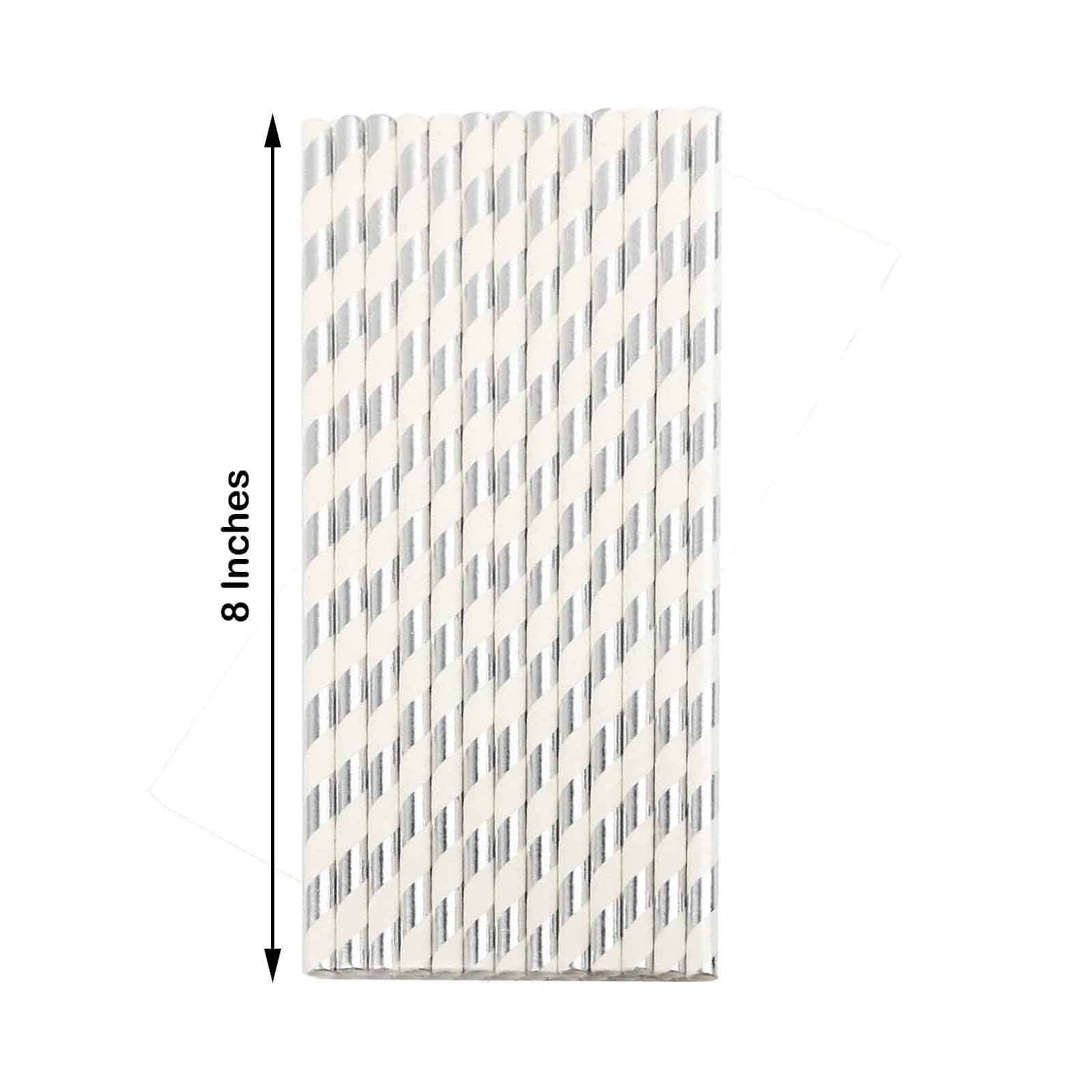 25-Pack Paper Straws White/Silver Striped - Stylish Disposable Straws for Drinks 8"