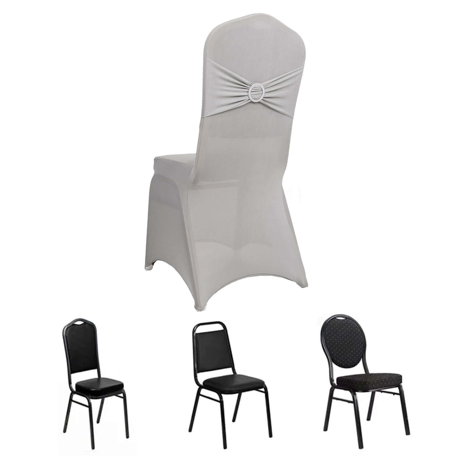 Spandex Chair Cover with Rhinestone Buckled Sash Band Silver - Stretch Fitted Slipcover