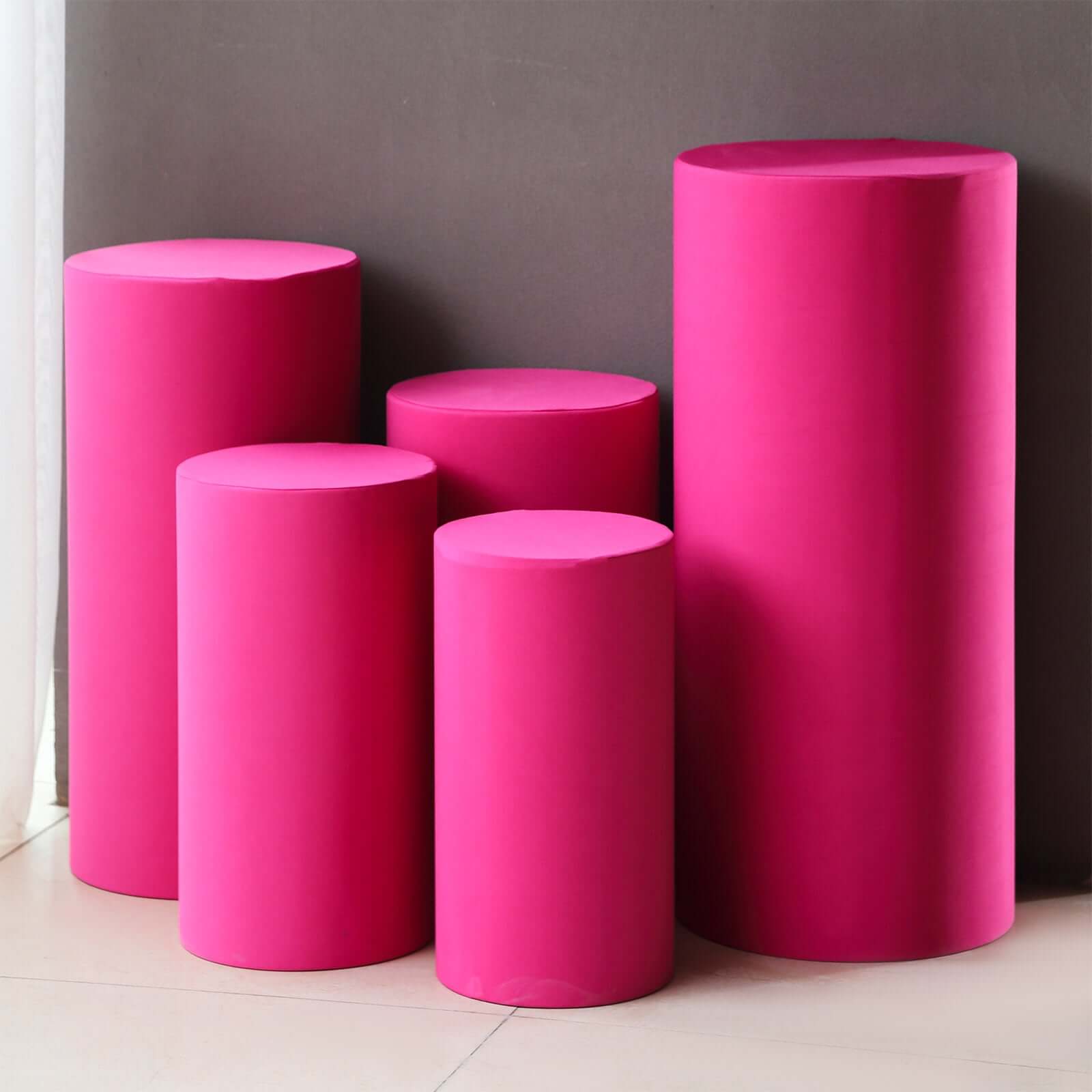 Set of 5 Fuchsia Spandex Cylinder Pedestal Stand Covers, Stretchable Pillar Prop Covers - 160 GSM