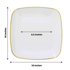 10-Pack Plastic 10" Square Dinner Plates in White with Gold Rim - Classy Disposable Lunch Party Plates for Weddings & Special Events