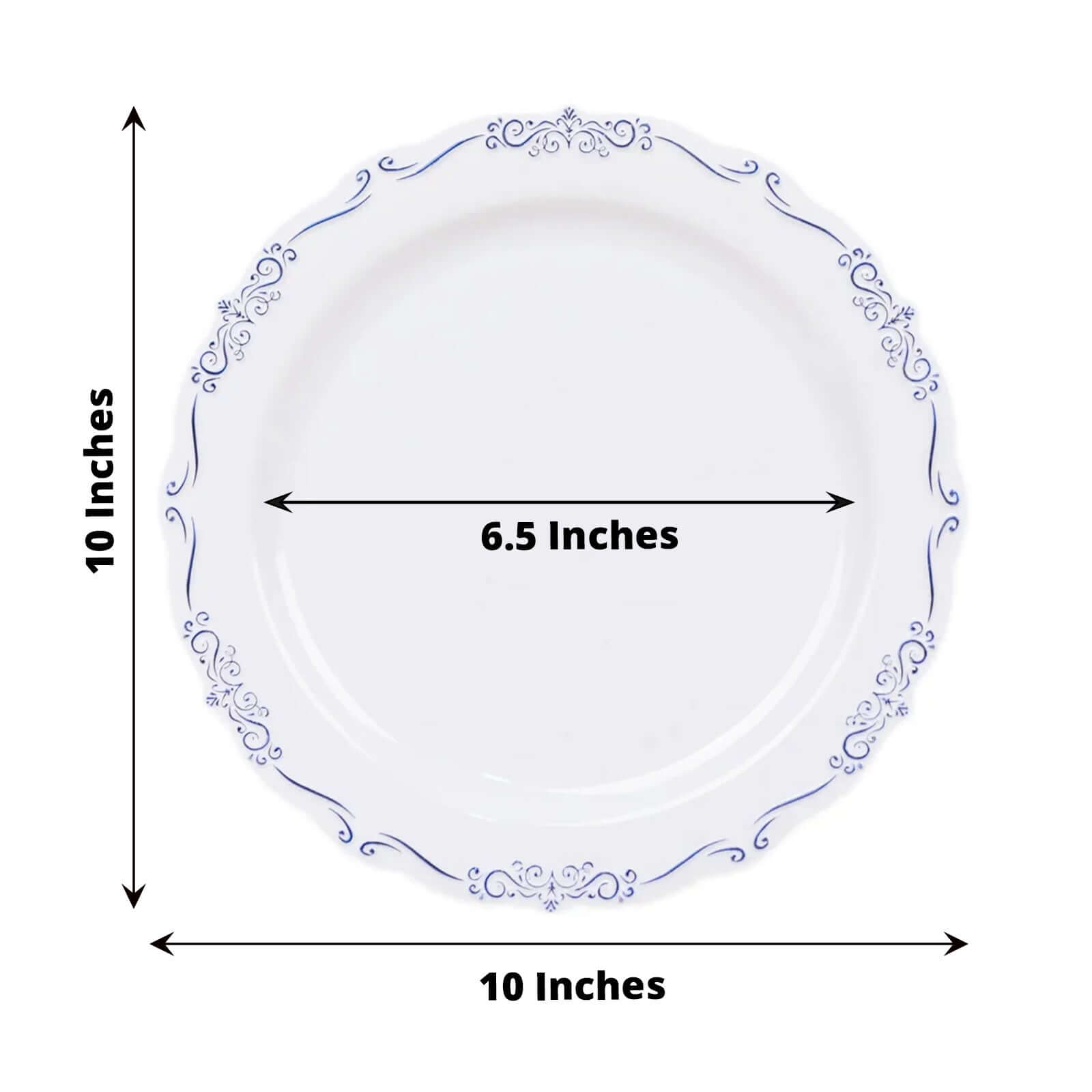 10-Pack Plastic 10" Round Dinner Plates in White with Blue Vintage Embossed Rim - Sturdy Disposable Scalloped Edge Party Plates
