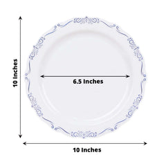 10-Pack Plastic 10" Round Dinner Plates in White with Blue Vintage Embossed Rim - Sturdy Disposable Scalloped Edge Party Plates