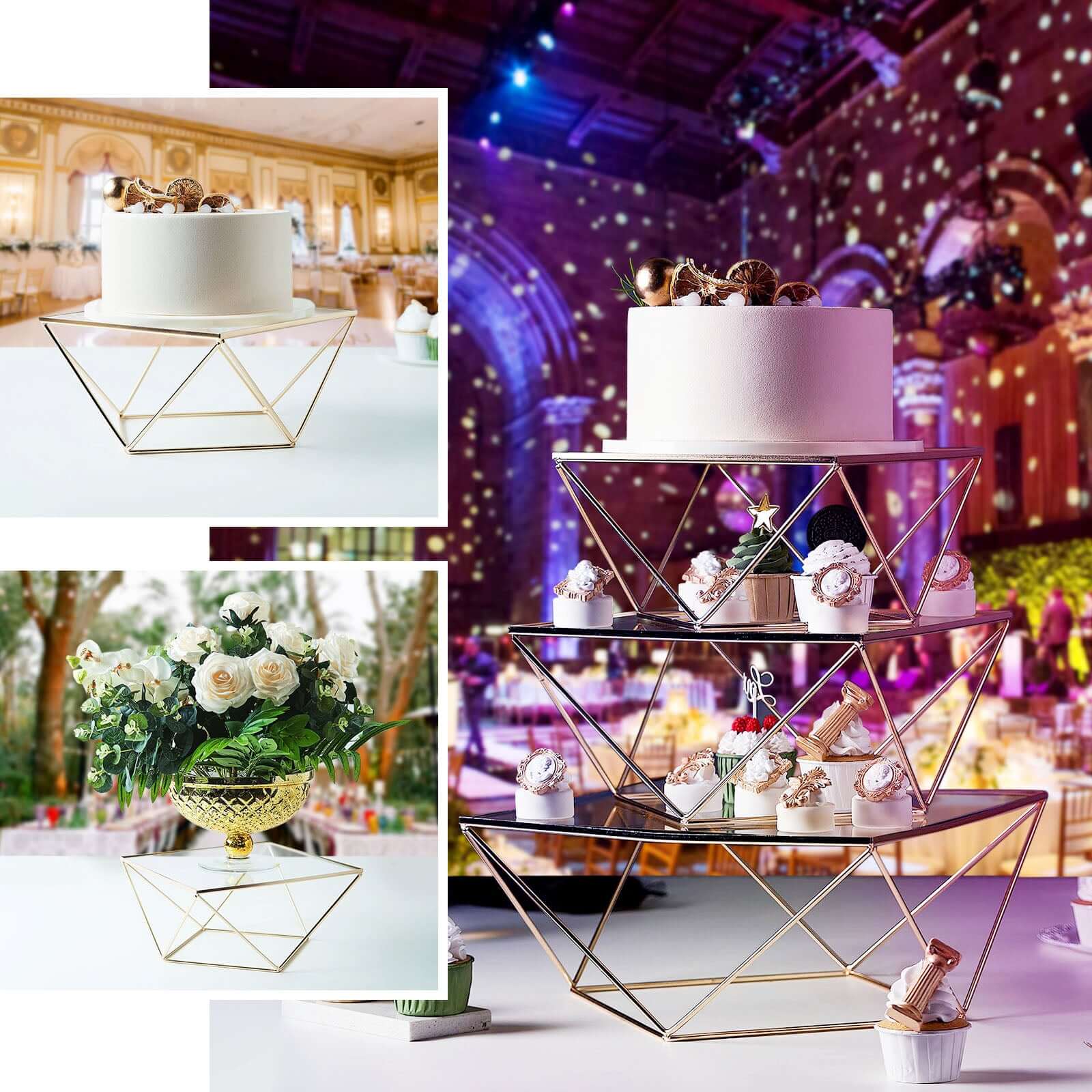 Metal Cake Stand Geometric Pedestal Riser Design Gold with Square Glass Top - Display Centerpiece 14"