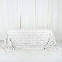 Satin 90"x132" Rectangle Tablecloth White - Grandiose 3D Rosette Design with Seamless Finish for Graceful Gatherings