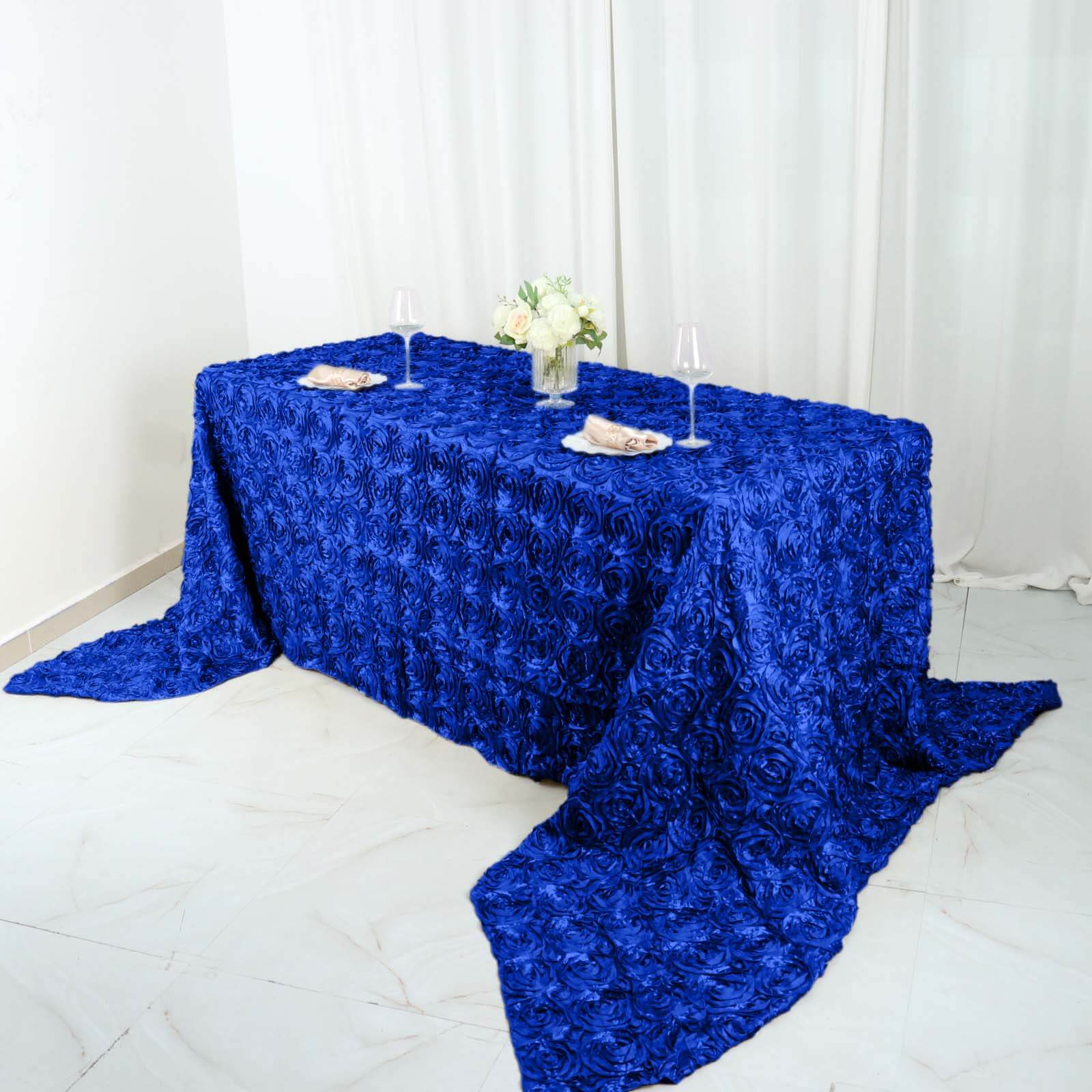 Satin 90"x156" Rectangle Tablecloth Royal Blue - Grandiose 3D Rosette Table Cover with Seamless Finish
