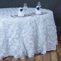 Satin 132" Round Tablecloth White - Grandiose 3D Rosette Design with Seamless Finish for Chic Occasions