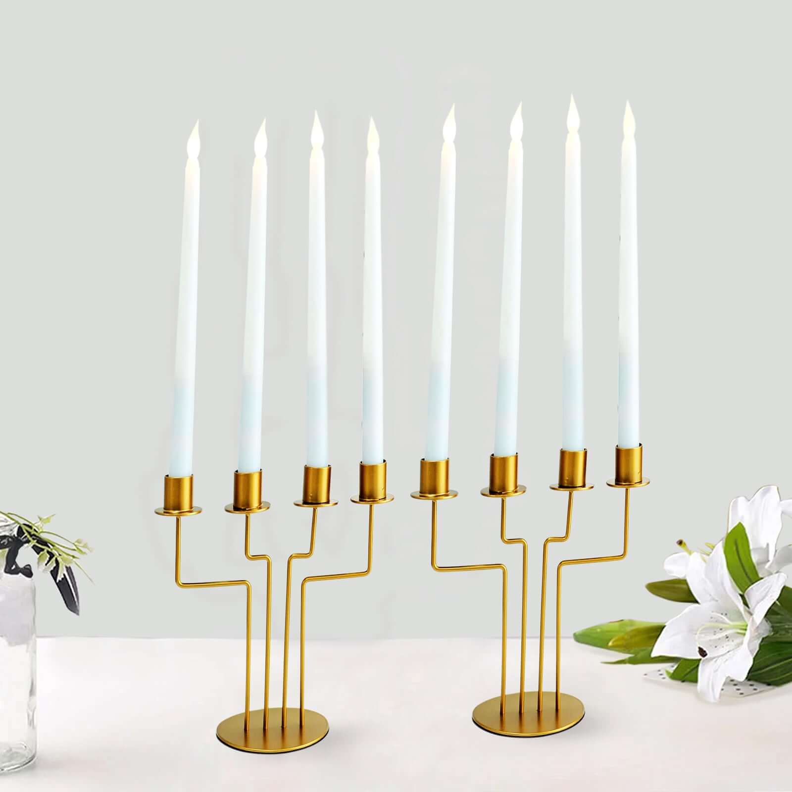 2-Pack Geometric Taper Candelabra 4 Arm Design Gold Metal Decorative Centerpiece - Perfect for Events 8"