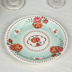 25-Pack Paper 7" Round Dessert Plates in Light Turquoise with Vintage Rose Flower Print - Disposable Appetizer Salad Plates