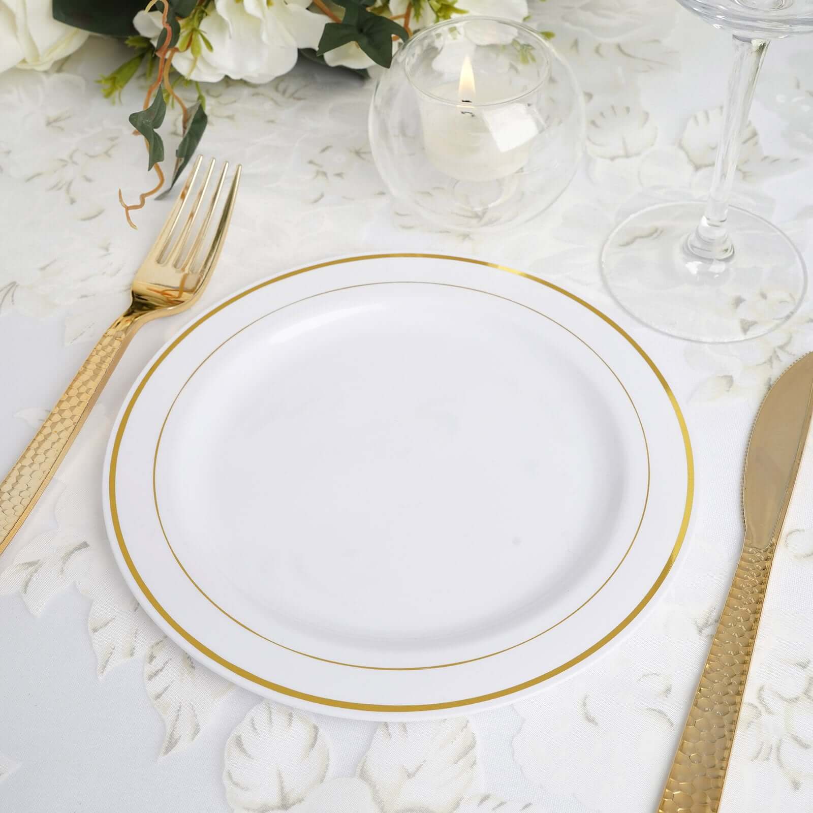 10-Pack Plastic Dessert Plates White with Très Chic Gold Rim - Disposable Plates for Parties 8"