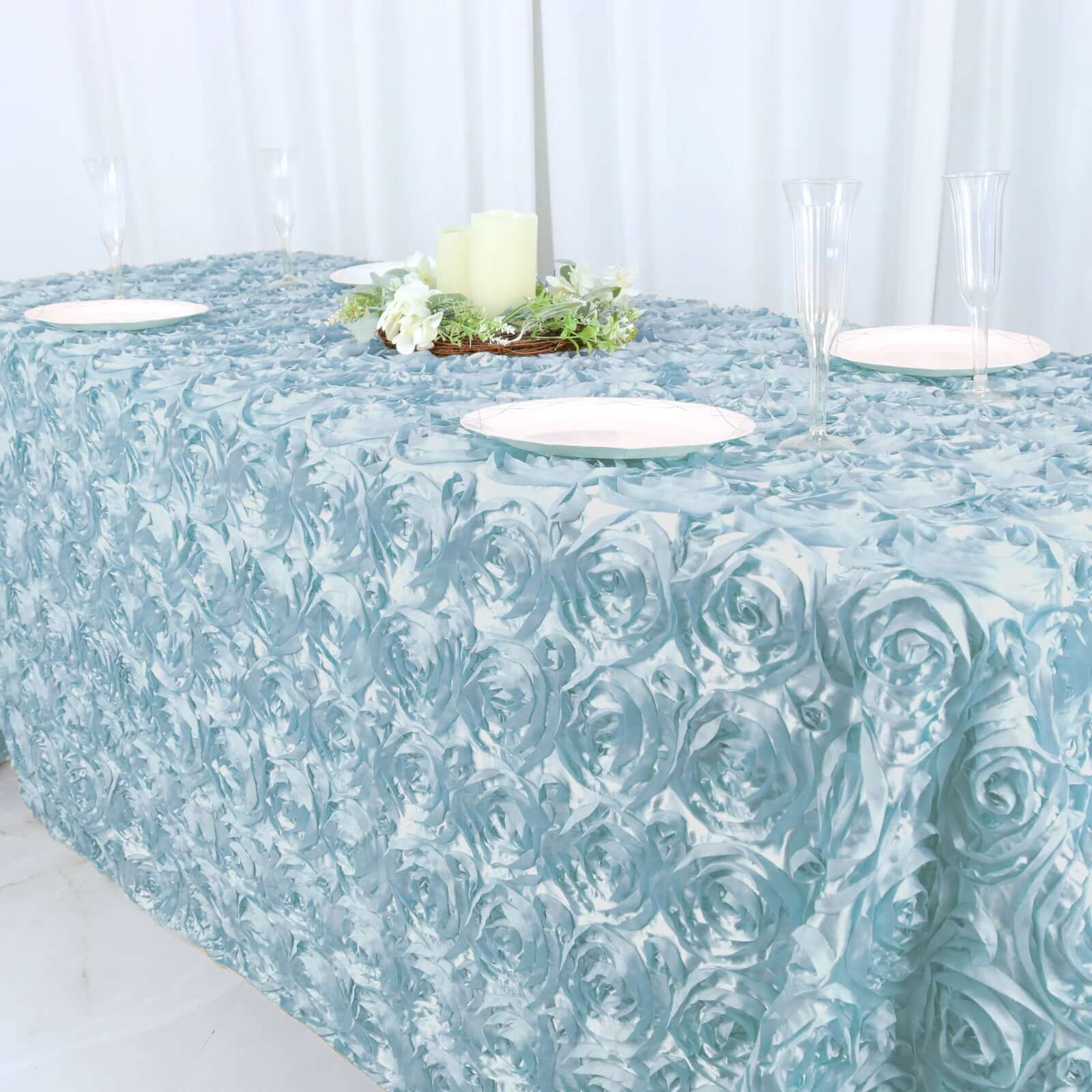 Satin 90"x132" Rectangle Tablecloth Light Blue - Grandiose 3D Rosette Seamless Table Cover