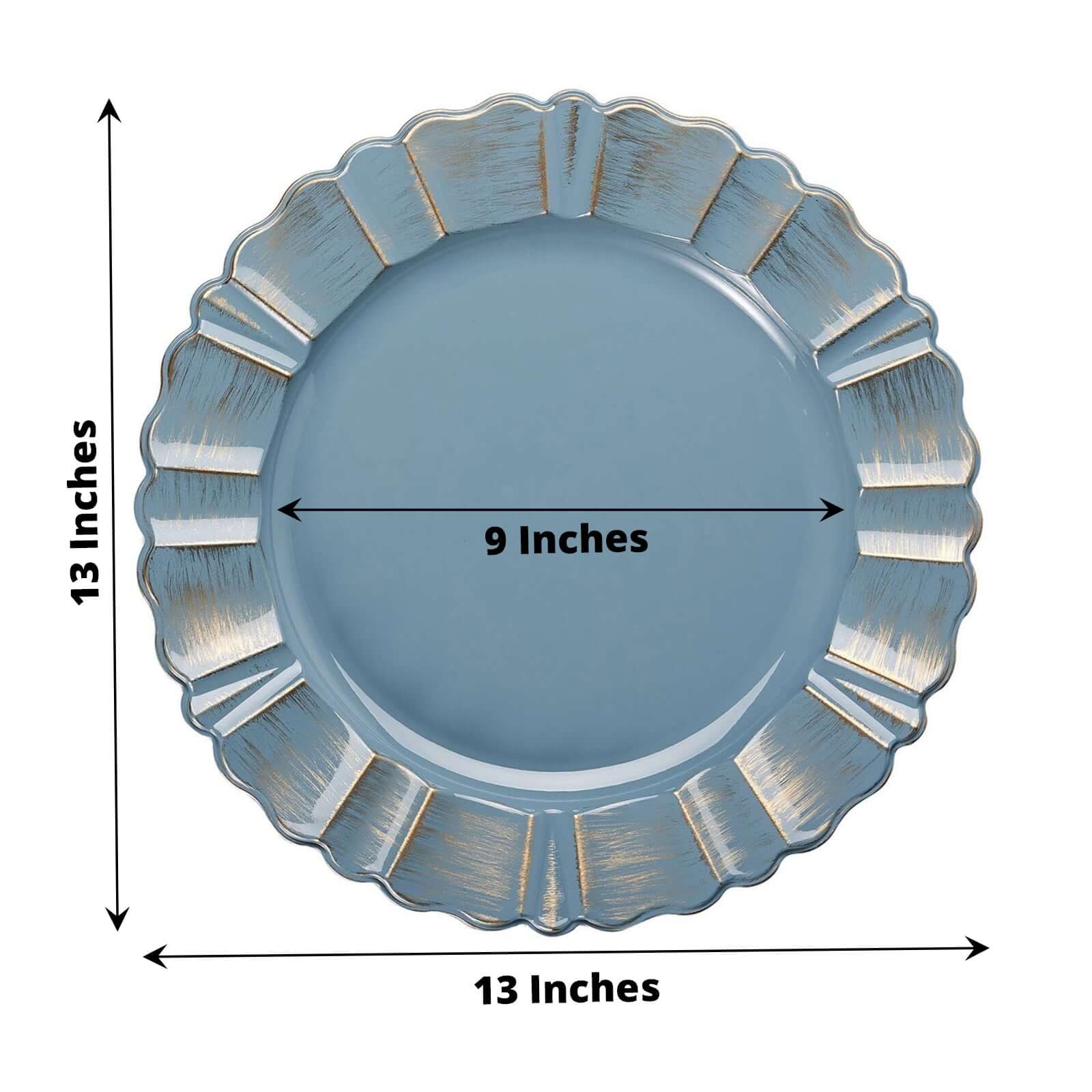 6-Pack Acrylic Plastic Round Charger Plates 13" in Dusty Blue with Gold Brushed Wavy Scalloped Rim, Decorative Dinner Party Charger Tableware