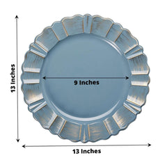6-Pack Acrylic Plastic Round Charger Plates 13" in Dusty Blue with Gold Brushed Wavy Scalloped Rim, Decorative Dinner Party Charger Tableware