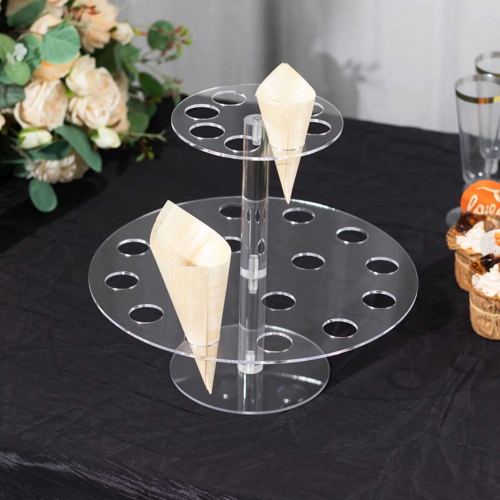 2 Tier Acrylic Round Ice Cream Cone Holder Clear - Sturdy Appetizer Dessert Display Stand with 24-Slots for Easy & Stylish Event Party Table Setup 12"