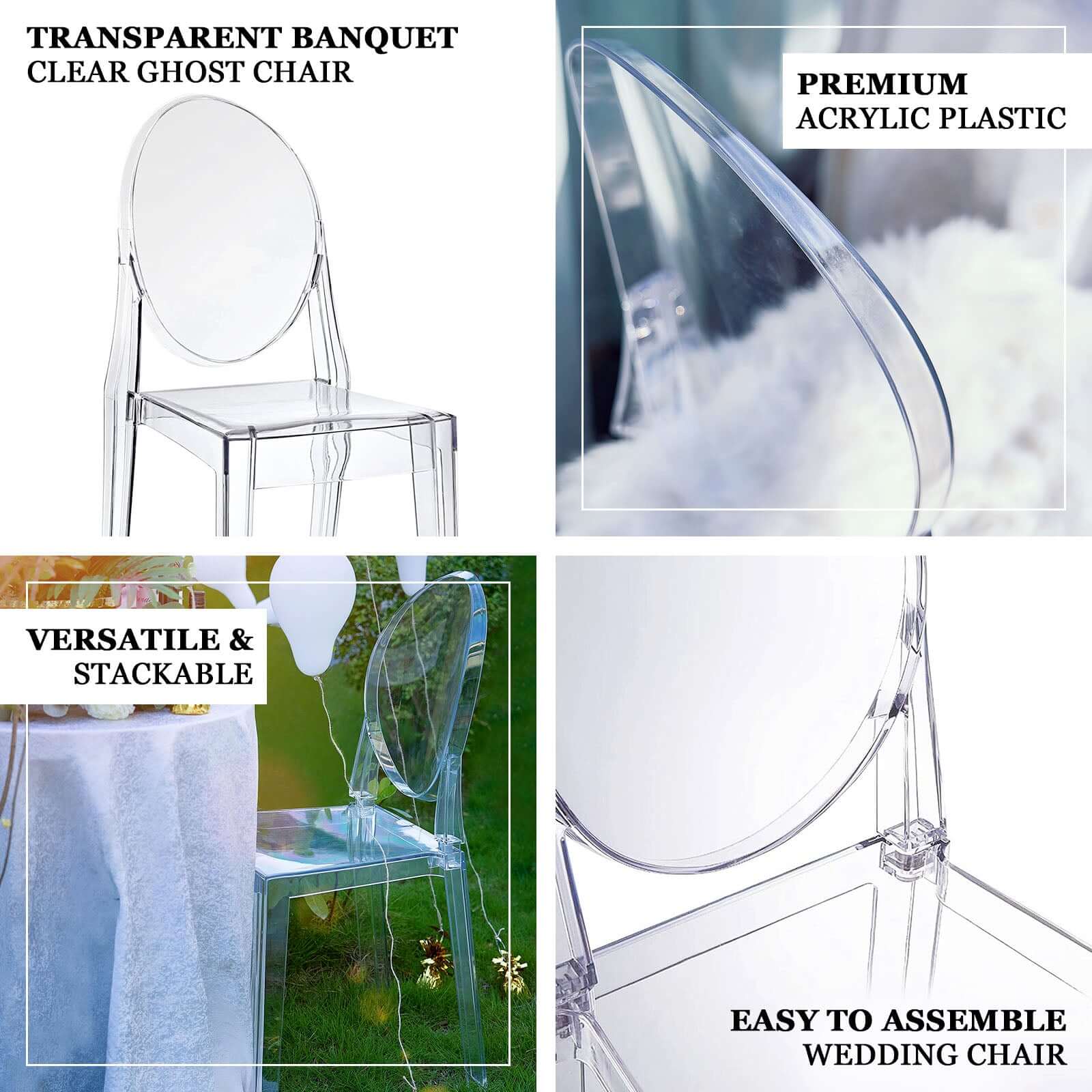 8-Pack Acrylic Ghost Chairs with Oval Back for Banquet Use Clear – Sleek Transparent Armless Accent Chairs for Weddings & Gatherings