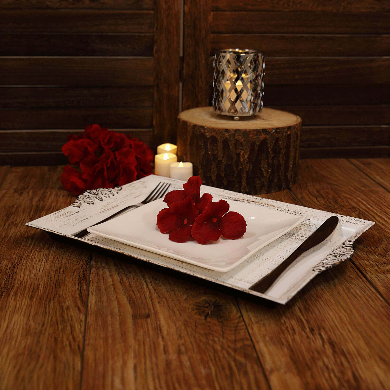 2-Pack Acrylic Rectangle Serving Trays 14"x10" in White Wash with Embossed Handles, Antique Decorative Dinner Party Food Platters