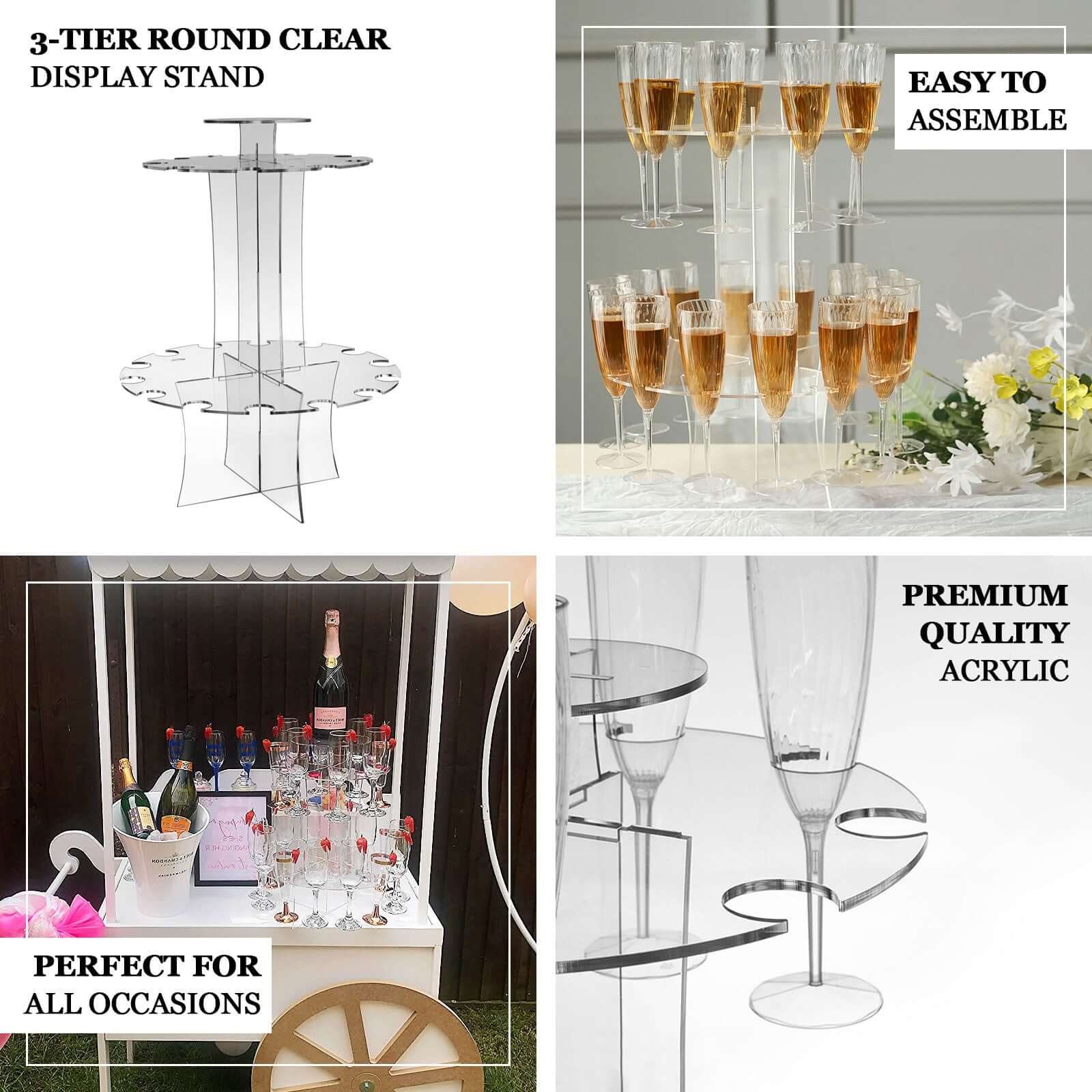 3-Tier Round Champagne Glass Holder Tower Clear Acrylic + 1 Bottle for Professional & Home Use 21"