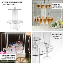3-Tier Round Champagne Glass Holder Tower Clear Acrylic + 1 Bottle for Professional & Home Use 21"