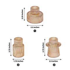 Set of 6 Glass Taper Candle Holders Ribbed Crystal Design Amber Gold - Reversible Mini Votive Tealight Stands 3"