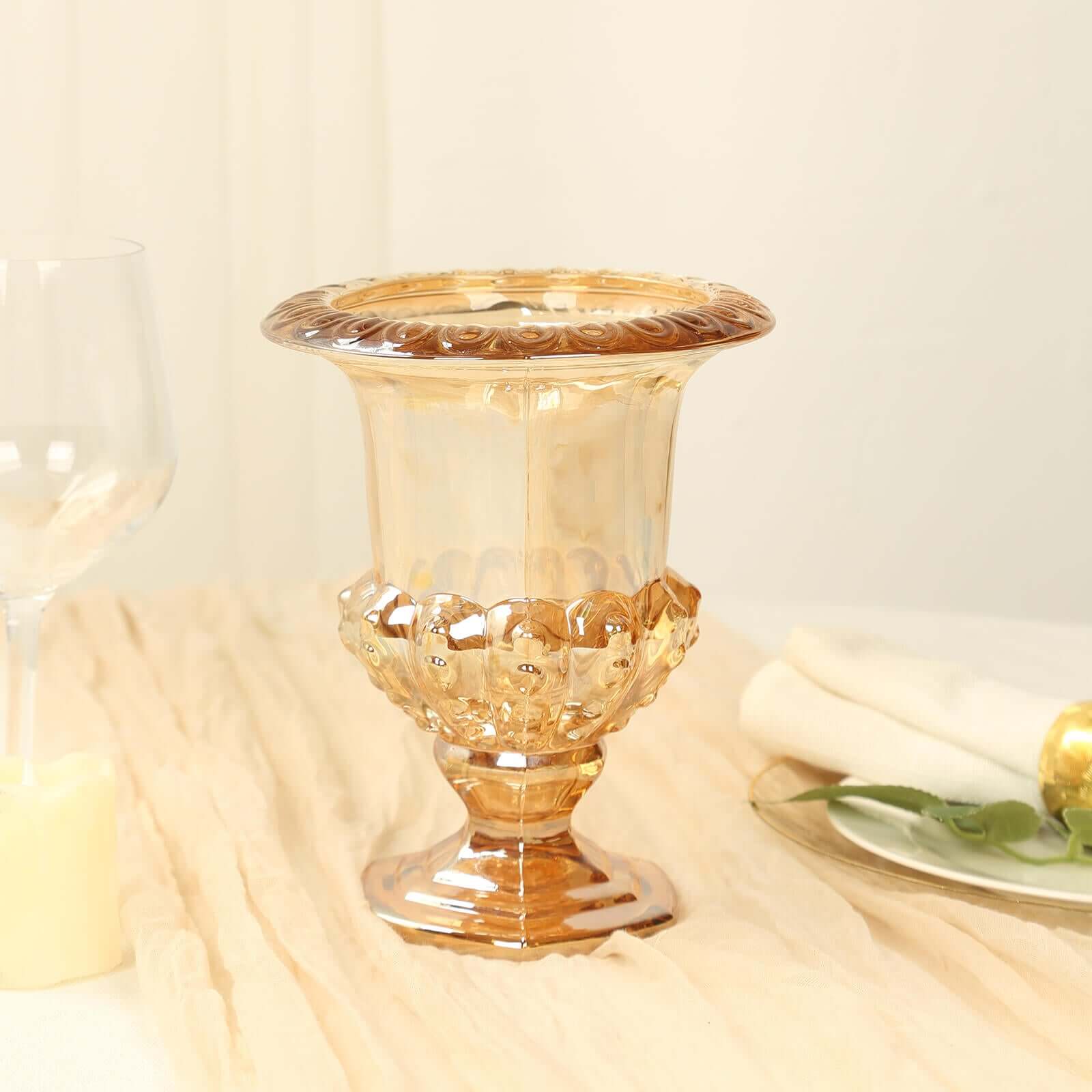 2-Pack Glass Mini Pedestal Flower Vases in Classic Roman Urn Style Amber Gold - Sophisticated Wedding Table Centerpieces 8"