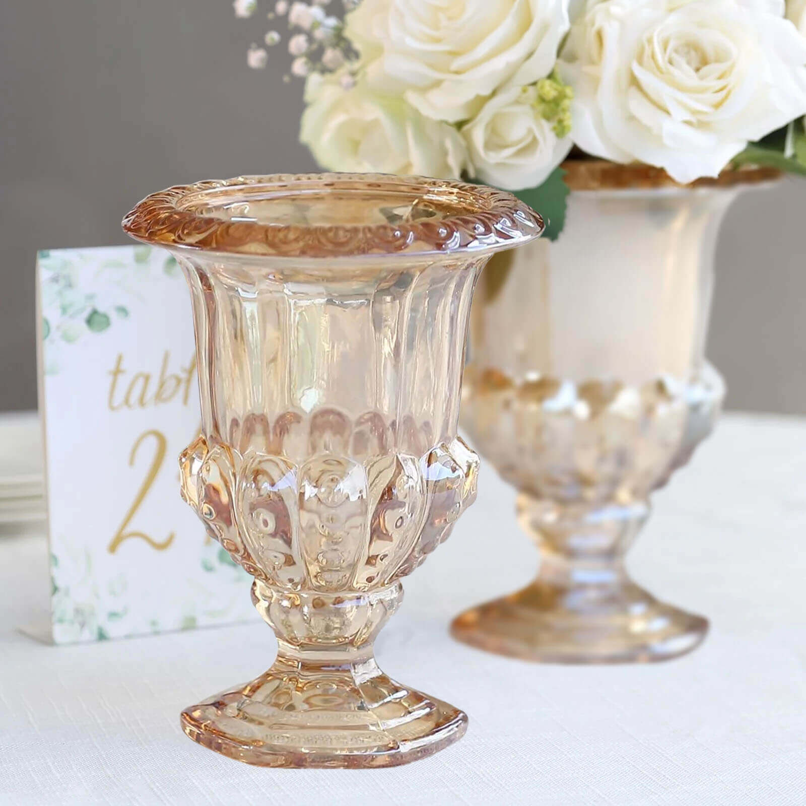 2-Pack Glass Mini Pedestal Flower Vases in Classic Roman Urn Style Amber Gold - Sophisticated Wedding Table Centerpieces 8"