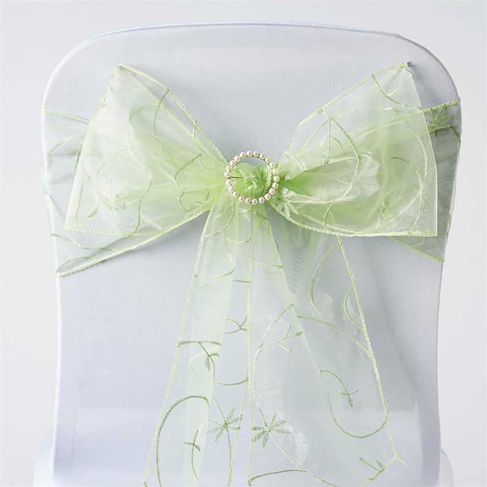 5 Pack Organza Chair Sashes with Satin Leaf Embroidery Apple Green - Reusable Sheer Design 7"x108"