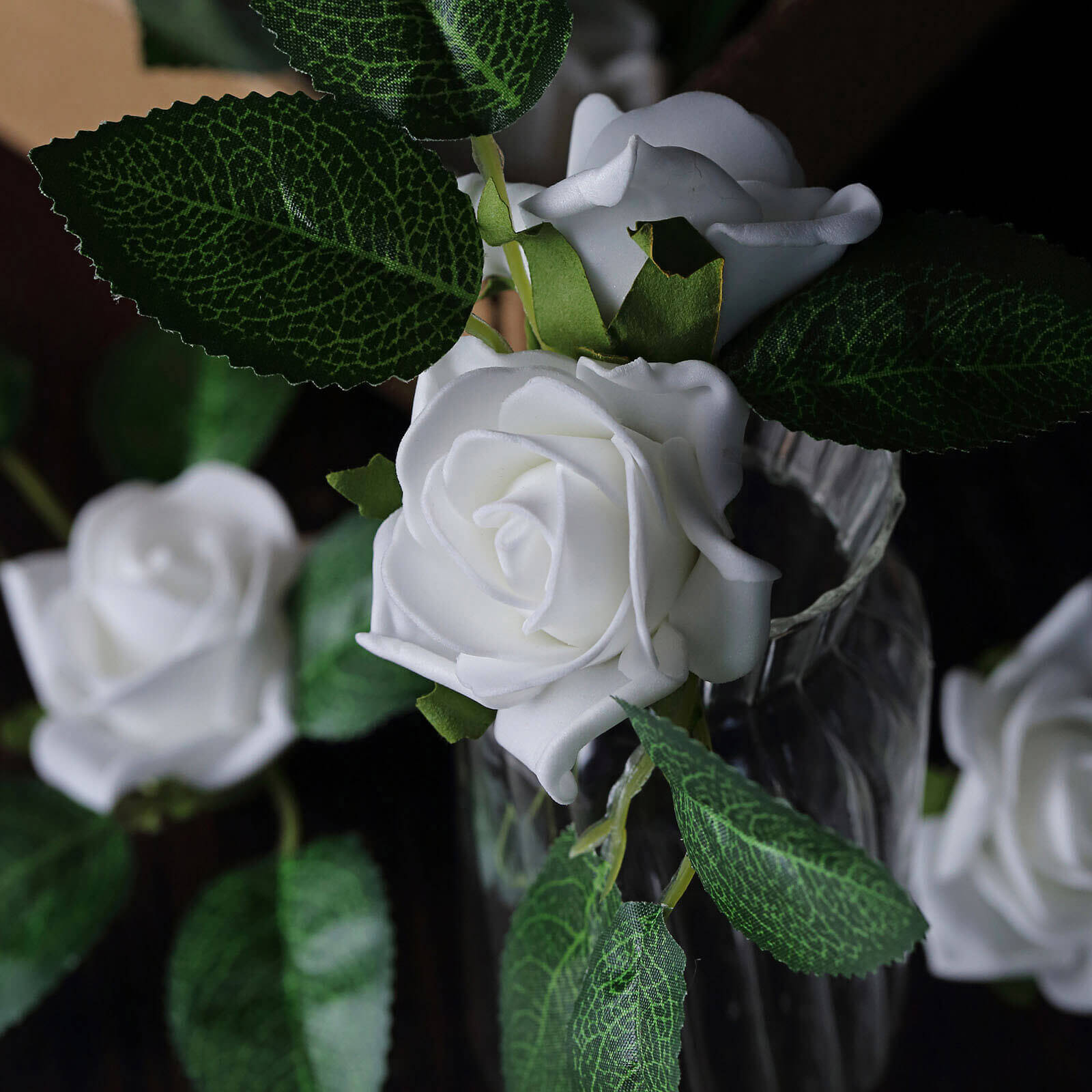 24 Roses 2" White Artificial Foam Flowers With Stem Wire and Leaves