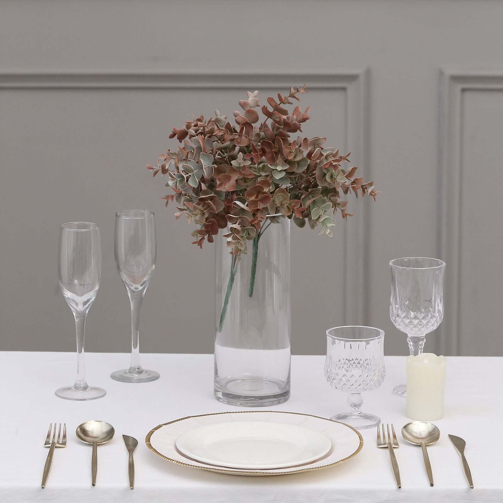 3 Pack 13" Frosted Green Red Artificial Farmhouse Eucalyptus Leaf Stems, Plastic Foliage Plants