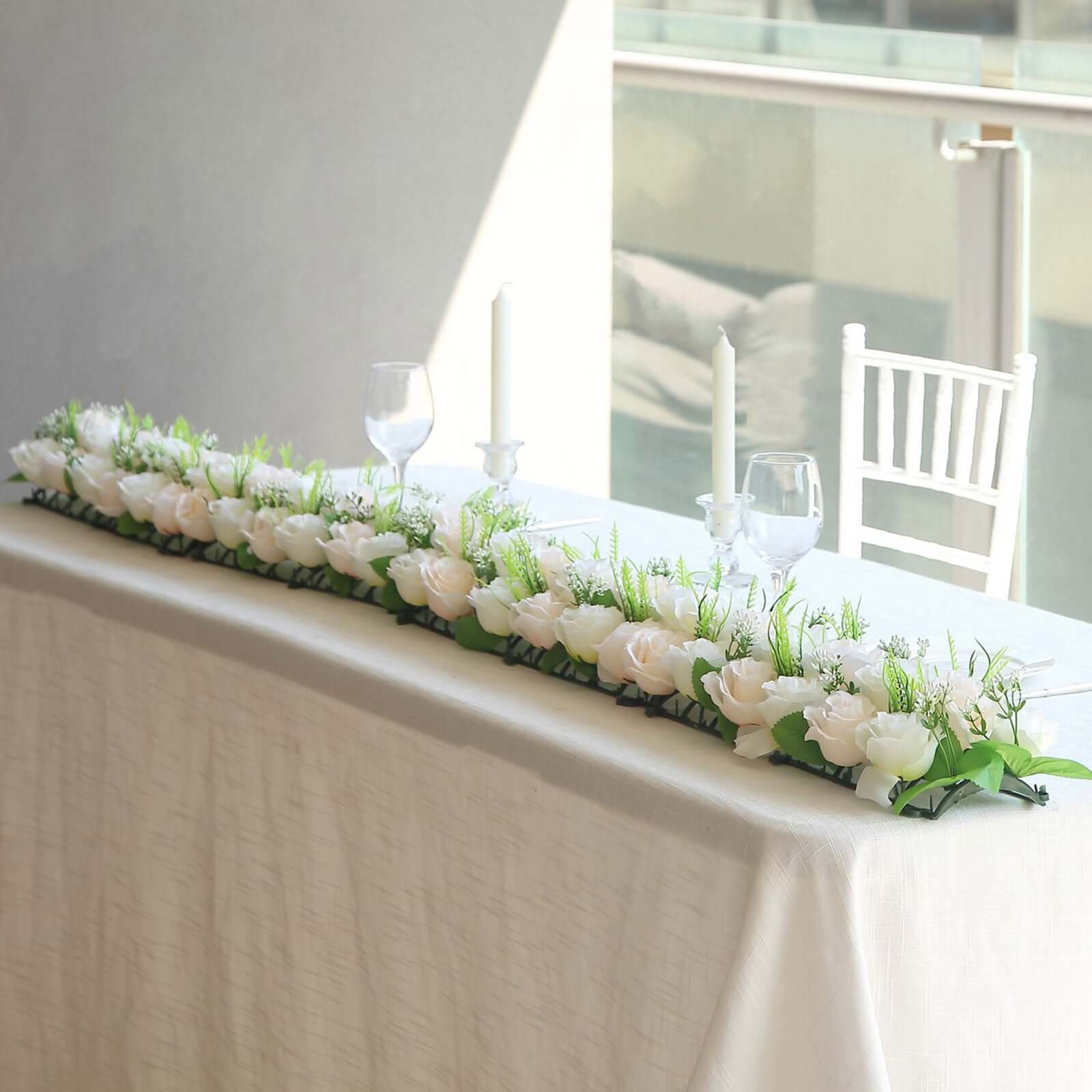 6 Pack Cream Ivory Silk Rose Flower Panel Table Runner, Artificial Floral Arrangements Wedding Table Centerpiece - 20"x8"